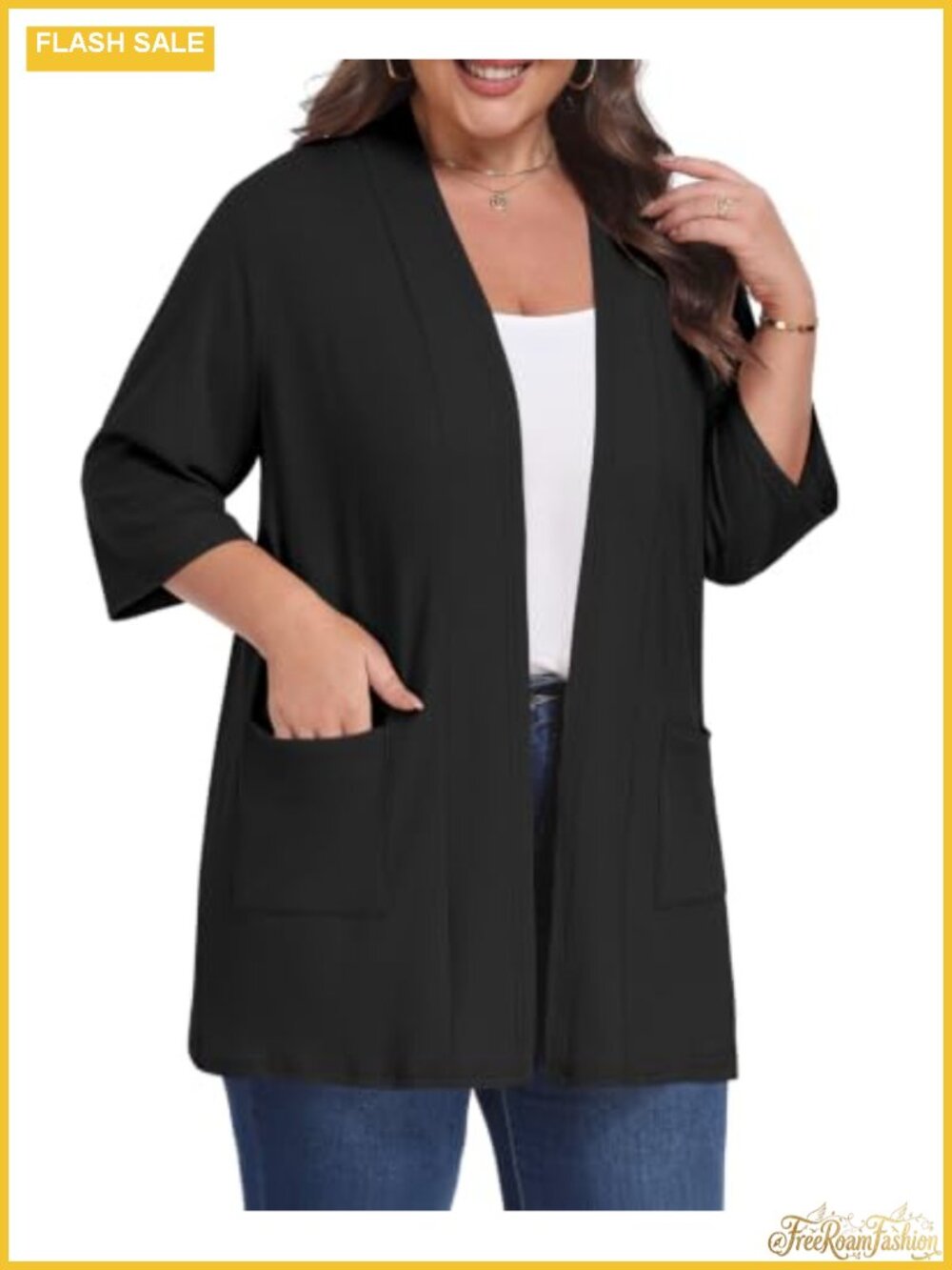 Plus Size 3/4 Sleeve Lightweight Open Front Cardigan with Pockets